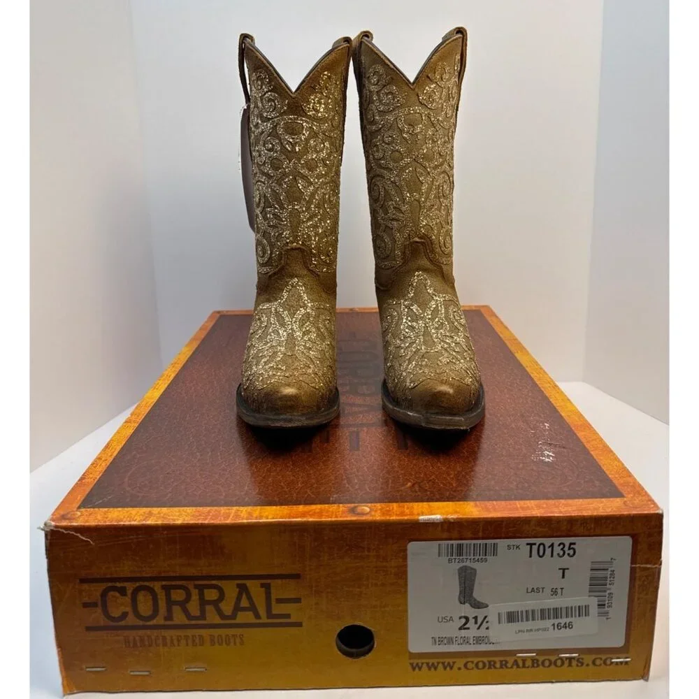 CORRAL Youth Embroidery & Tan Overlay Studs Boots T0135 Size 2.5